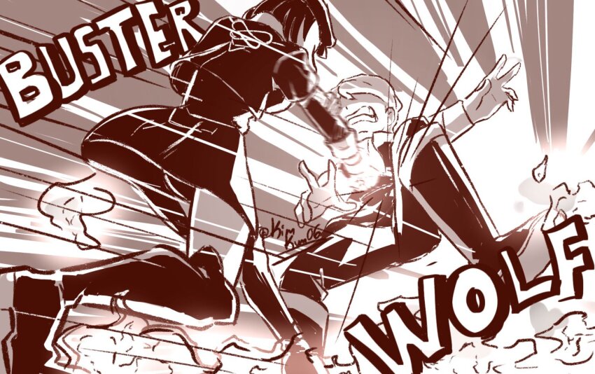 1boy 1girl black_coat black_footwear black_hair black_panties black_pants black_skirt buster_wolf clenched_teeth coat commentary dorothea_arnault english_commentary english_text fatal_fury ferdinand_von_aegir final_smash fire_emblem fire_emblem:_three_houses garreg_mach_monastery_uniform greyscale hat kiora06 launching long_hair long_sleeves monochrome nintendo panties pants punching scene_reference signature skirt super_smash_bros. teeth twitter_username underwear upskirt