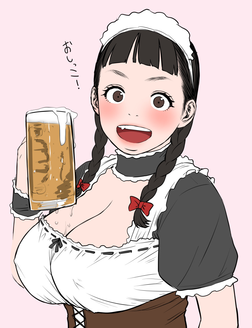 1girl :d alcohol barmaid beer beer_mug black_hair black_wrist_cuffs blunt_bangs blush bow braid braided_twintails breasts brown_eyes cleavage commentary_request corset covered_erect_nipples cup fang frilled_wrist_cuffs frills german_clothes hair_bow highres holding holding_cup kanoko_(kuzukago) kuzukago_(bitchmaker) large_breasts long_hair looking_at_viewer mug open_mouth original pink_background red_bow sanpaku short_sleeves simple_background smile solo teeth twin_braids twintails upper_body upper_teeth_only v-shaped_eyebrows white_headdress wrist_cuffs
