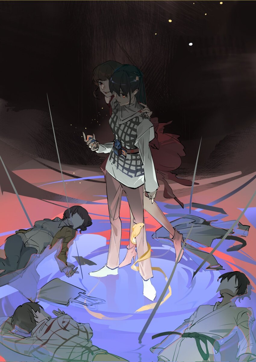 2boys 3girls aguilera_(kamen_rider_revice) black_hair breasts brown_hair cobra_(animal) cobra_genome dress highres holding igarashi_sakura jacket jewelry kamen_rider kamen_rider_revice libera_driver long_hair medium_breasts multiple_boys multiple_girls orange_jacket pants ponytail red_dress red_eyes red_pants rider_belt shirt short_hair shuimian_touzhi smile standing sweater_vest symbolism tokusatsu vistamp white_shirt