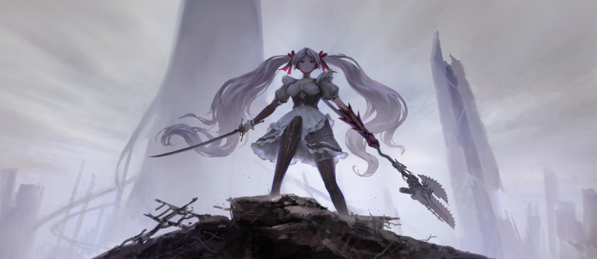 1girl absurdres ai_limit apron asymmetrical_dual_wielding asymmetrical_gloves breasts chain_axe cloud cloudy_sky dress dual_wielding framed_breasts gauntlets gloves grey_dress grey_hair grey_sky highres holding holding_sword holding_weapon huise_richang long_hair medium_breasts on_rock outdoors puffy_short_sleeves puffy_sleeves ruins short_sleeves single_gauntlet sky solo standing sword twintails very_long_hair weapon white_apron
