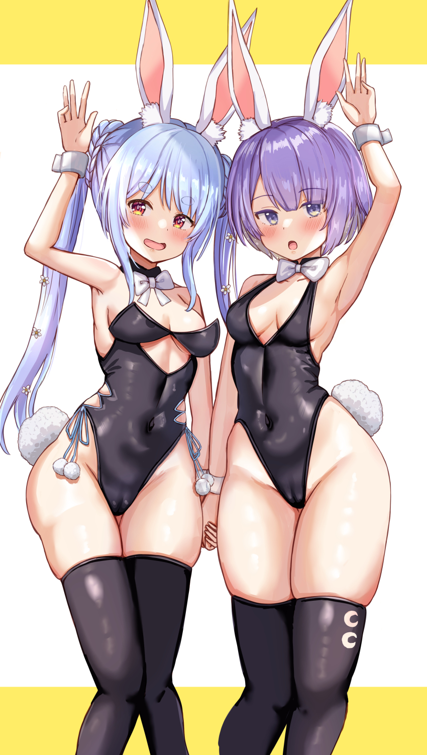 2girls absurdres animal_ear_fluff animal_ears armpits bare_shoulders bikini black_leotard black_thighhighs blonde_hair blue_hair blush bow bowtie breasts cleavage covered_navel detached_collar flower gradient_hair hair_flower hair_ornament highres hikimayu hololive hololive_indonesia leotard long_hair medium_breasts moona_hoshinova multicolored_hair multiple_girls nootomo open_mouth orange_eyes playboy_bunny purple_eyes purple_hair rabbit-shaped_pupils rabbit_ears rabbit_girl rabbit_tail short_eyebrows short_hair smile strapless strapless_leotard swimsuit symbol-shaped_pupils tail thick_eyebrows thighhighs twintails usada_pekora usada_pekora_(1st_costume) virtual_youtuber white_bikini white_flower wrist_cuffs