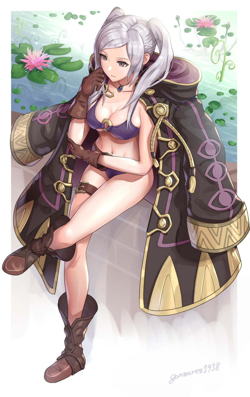 1girl @storm5958 bikini boots breasts brown_eyes cleavage coat crossed_legs female_robin_(fire_emblem) female_robin_(seaside_tactician)_(fire_emblem) fire_emblem fire_emblem_awakening fire_emblem_heroes flower gloves gonzarez grey_hair highres jake_brito jewelry lake lauren_landa leg_strap lily_pad necklace nintendo official_alternate_costume sawashiro_miyuki sitting swimsuit twintails voice_actor_connection