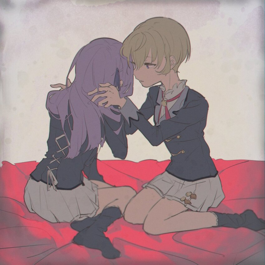 2girls aikatsu! aikatsu!_(series) bad_id bad_twitter_id black_socks blonde_hair blue_jacket full_body grey_background hair_ribbon hands_on_another&#039;s_shoulders hattori_yu highres hikami_sumire jacket long_hair long_sleeves looking_at_another multiple_girls neck_ribbon no_shoes pleated_skirt purple_eyes purple_hair red_ribbon ribbon school_uniform shiontaso shirt short_hair sitting skirt socks starlight_academy_school_uniform white_shirt white_skirt