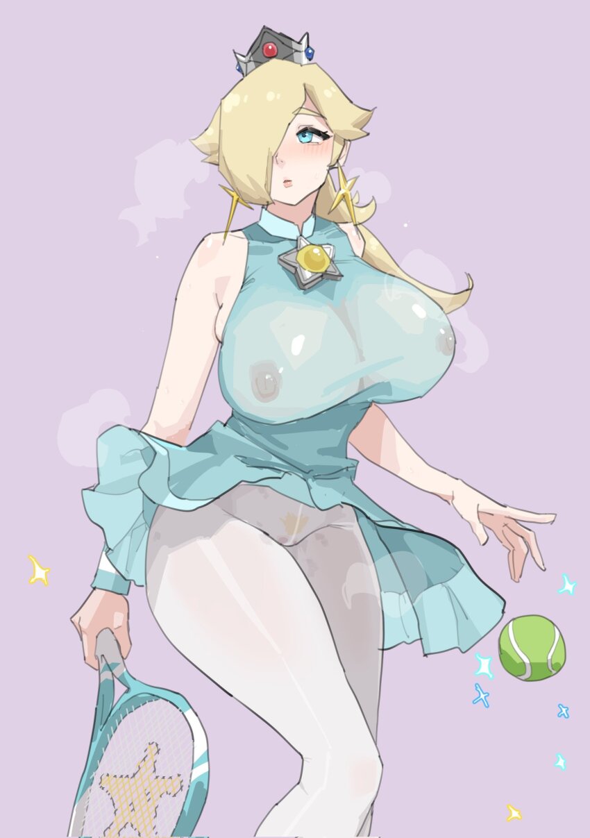 1girl aqua_eyes ball bare_shoulders blonde_hair blonde_pubic_hair blush breasts covered_erect_nipples cross cross_earrings crown dress earrings green_dress hair_over_one_eye highres holding holding_racket huge_breasts jewelry lips long_hair mario_(series) nintendo no_panties nose_blush pantyhose pussy_juice_stain racket rosalina simple_background skindentation stank star_(symbol) steaming_body sweat tennis_ball tennis_racket white_pantyhose wind wind_lift