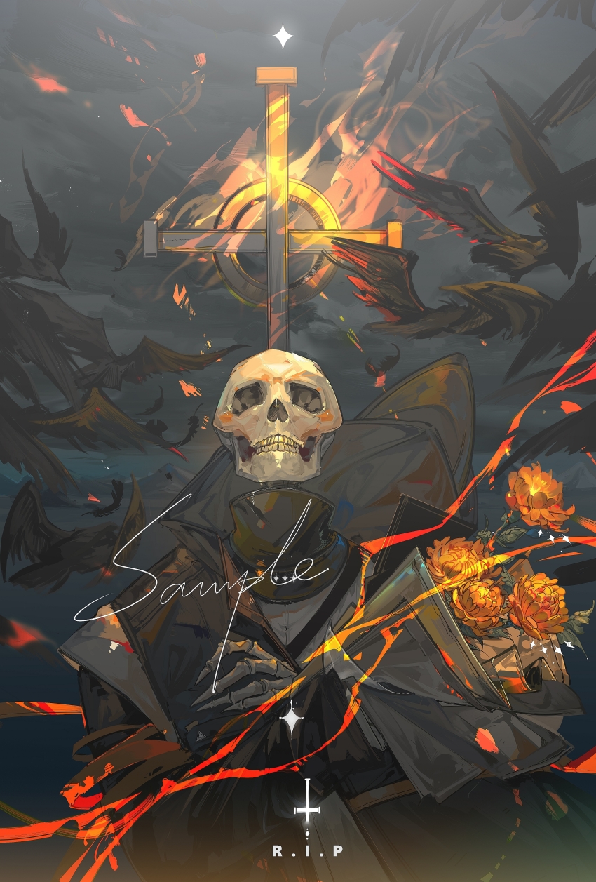 1other absurdres ambiguous_gender arknights bird black_jacket bouquet chinese_commentary chrysanthemum cross crossed_arms crow doctor_(arknights) dongsheng fire flower highres inverted_cross jacket long_sleeves orange_flower other_focus rest_in_peace_(phrase) sample_watermark skeleton skull solo symbolism tombstone watermark