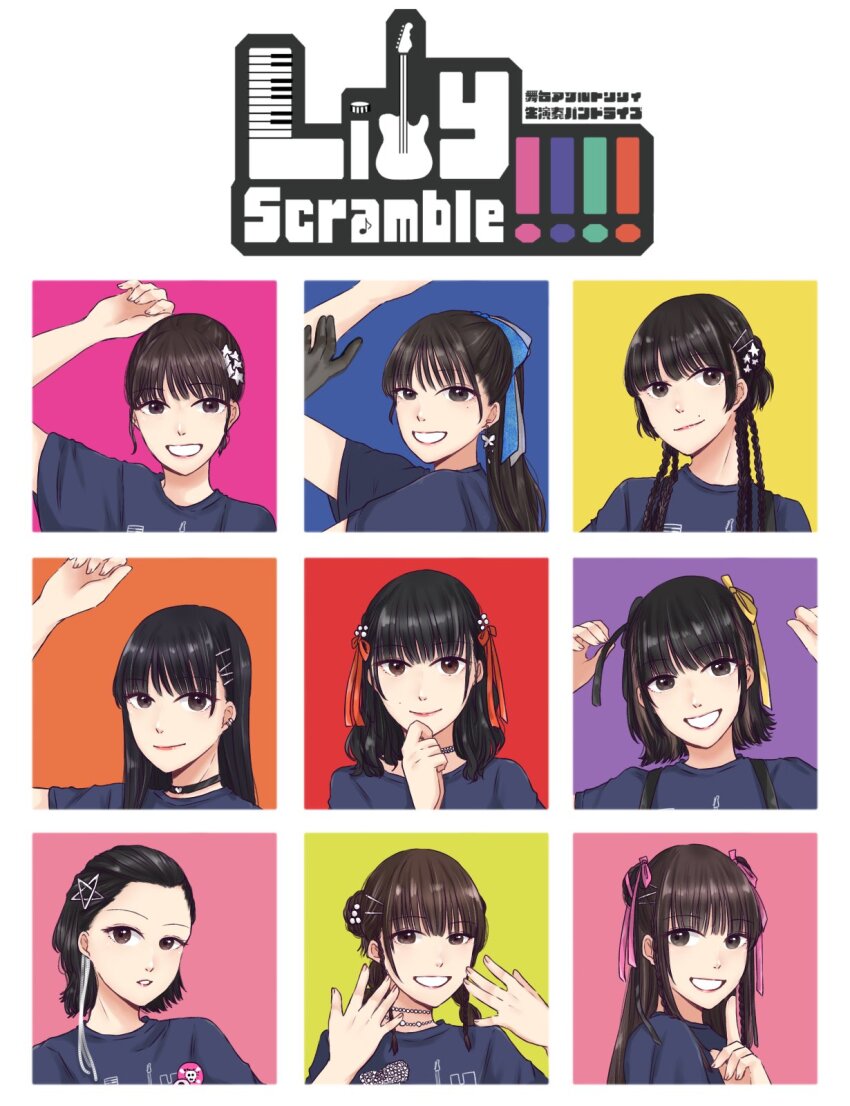6+girls :d actor actor_connection andou_chikana arm_up arms_up assault_lily awatsu_mai badge black_choker black_gloves black_ribbon black_shirt blue_background blue_bow bow braid brown_eyes brown_hair butterfly_earrings button_badge choker closed_mouth commentary_request copyright_name cosplay double_bun ear_piercing earrings funada_kiito funada_kiito_(cosplay) funada_ui funada_ui_(cosplay) gloves green_background grey_bow grin hair_bow hair_bun hair_ornament hair_ribbon hairclip hand_to_own_mouth hand_up hands_up hayashida_mahiro heart heart_choker highres hishida_haru hishida_haru_(cosplay) hoshiki_seena index_finger_raised ishii_haruna jewelry kawamura_yuzuriha kawamura_yuzuriha_(cosplay) logo long_hair looking_at_viewer looking_to_the_side medium_hair mole mole_above_mouth mole_under_eye multiple_braids multiple_girls necklace nigari_(ngari_0115) nomoto_sora open_mouth orange_background orange_ribbon parted_bangs parted_lips pearl_hair_ornament pearl_necklace piercing pink_background pink_ribbon ponytail print_shirt purple_background real_life ribbon saiba_mizuki saigou_kurena saigou_kurena_(cosplay) shiba_tomoshibi shiba_tomoshibi_(cosplay) shirt short_hair short_sleeves side_braids single_side_bun smile star_(symbol) star_hair_ornament suspenders takehisa_nakaba takehisa_nakaba_(cosplay) tsukioka_momiji tsukioka_momiji_(cosplay) twin_braids voice_actor voice_actor_connection white_background white_ribbon yamamoto_shiori yano_hinaki yellow_background yellow_ribbon