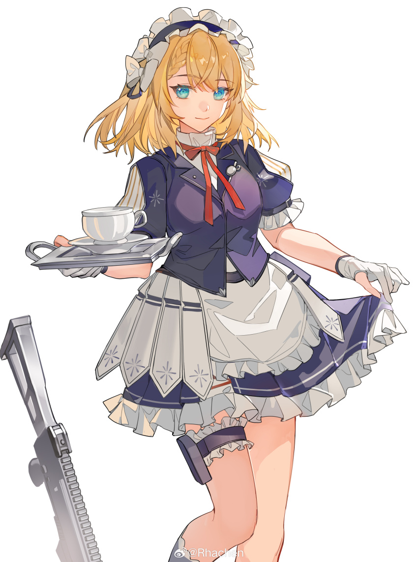1girl absurdres assault_rifle blonde_hair blue_eyes blue_jacket centaureissi_(girls&#039;_frontline_2) cowboy_shot cup curtsey g36_(girls&#039;_frontline) girls&#039;_frontline girls&#039;_frontline_2:_exilium gloves gun h&amp;k_g36 highres holding holding_tray jacket looking_at_viewer maid maid_headdress naughty_face neck_ribbon red_ribbon rhachen ribbon rifle solo teacup thigh_strap tray watermark weapon weibo_username weibo_watermark white_gloves