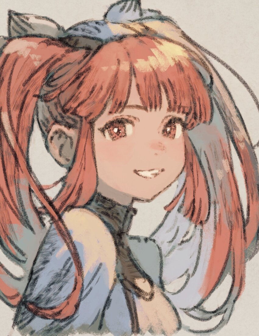 1girl blunt_bangs dewprism grey_background grin highres long_hair looking_at_viewer maeka_(kumaekake) mint_(dewprism) one-hour_drawing_challenge pink_eyes pink_hair portrait sidelocks simple_background sketch smile solo twintails
