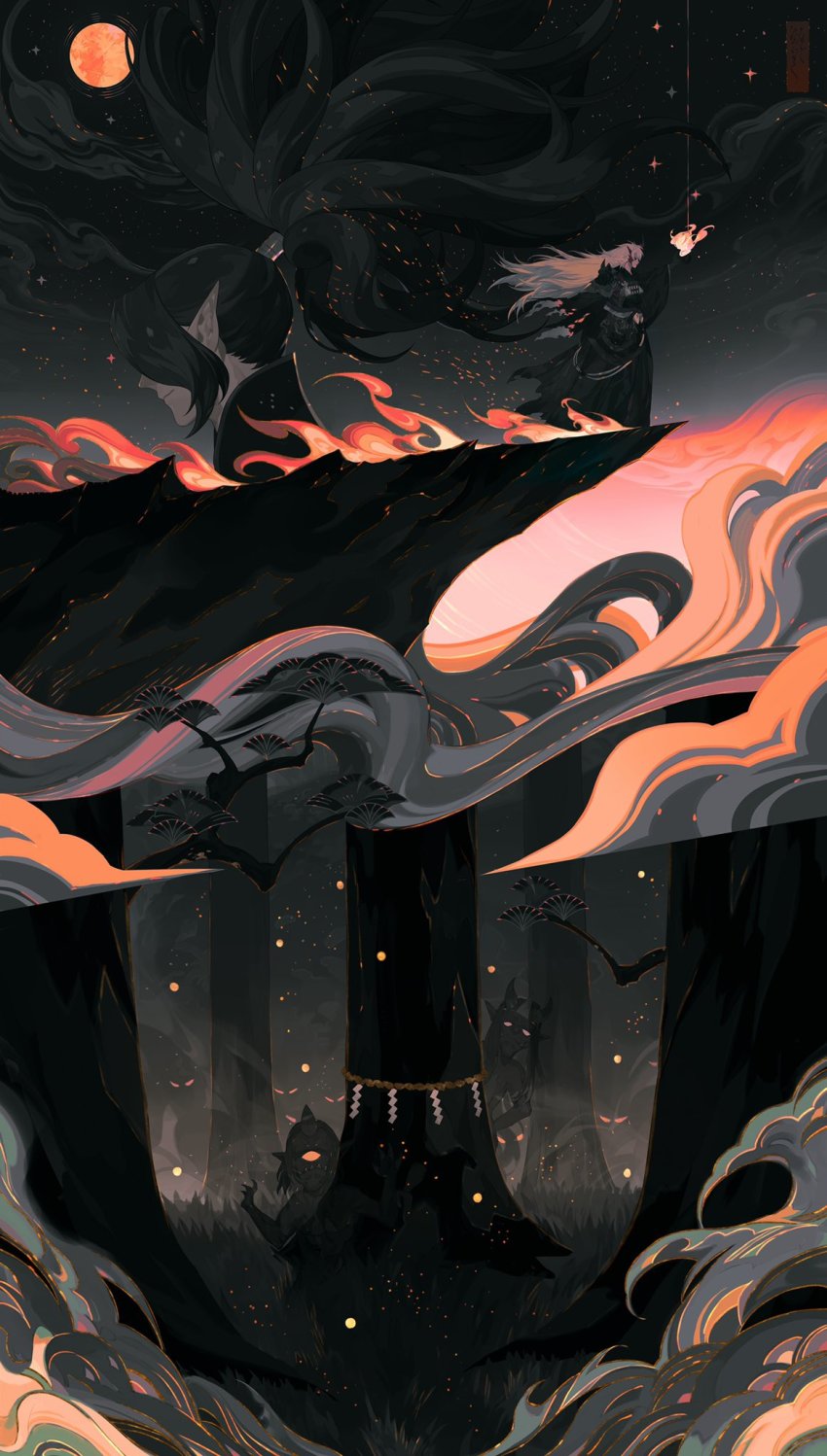 2boys armor ashes black_hair character_request check_character cliff cloud covered_eyes fangs fangs_out fire fireflies flaming_eye floating_hair forest full_moon grass hair_tubes hakama highres horns ibaraki_(onmyoji) inset japanese_clothes long_sleeves male_focus moon multiple_boys nature night one-eyed oni onmyoji peeking_out pointy_ears rope ryuutsuki_basetsu sharp_teeth shide shimenawa shuten_douji_(onmyoji) single_horn smile smoke standing string teeth torn_clothes torn_sleeves tree white_hair wide_sleeves wind