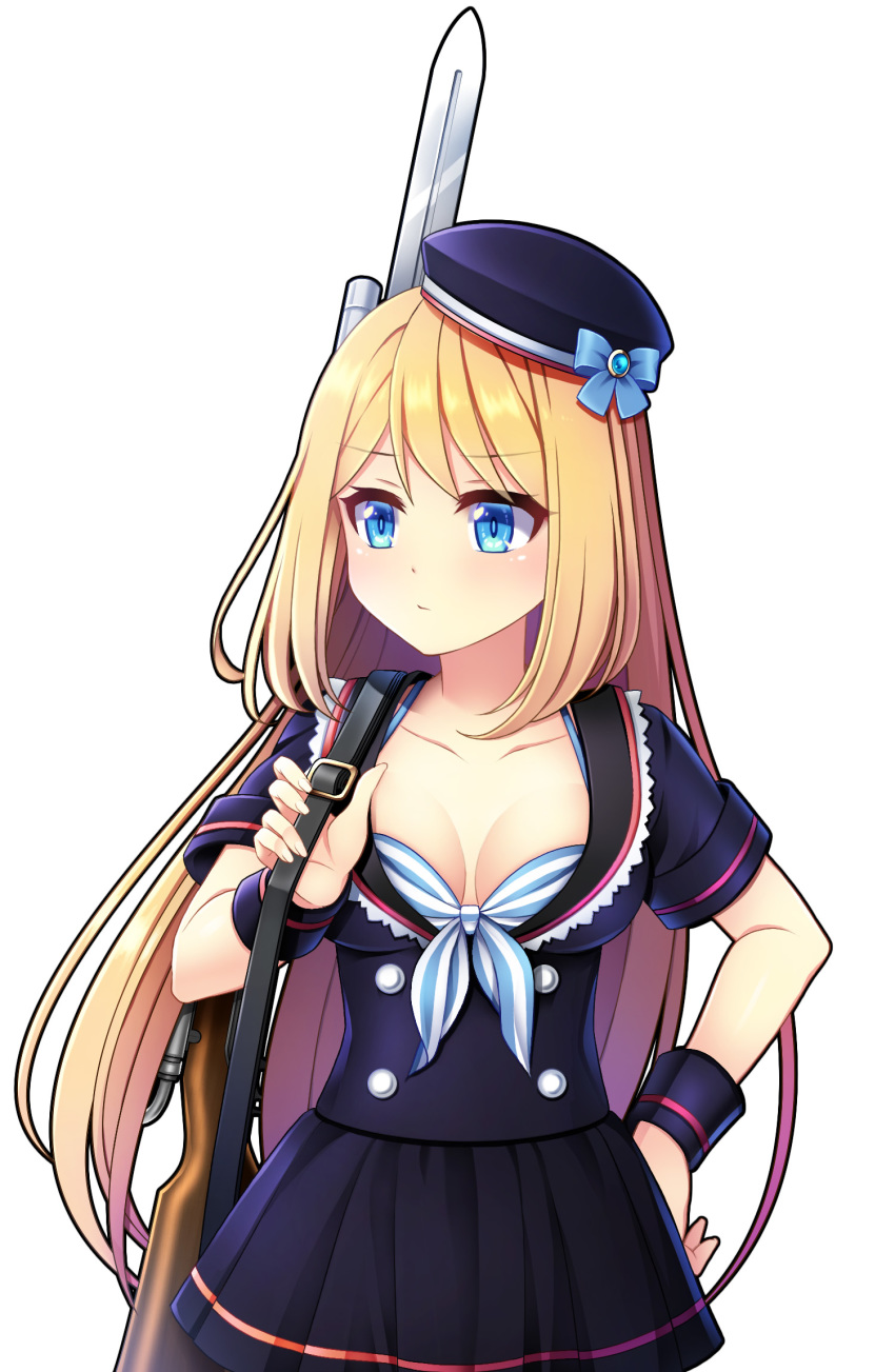 1girl bayonet black_hat black_skirt blonde_hair blue_bow blue_eyes bow breasts cleavage collarbone edamame_senpai female_focus gun hat hat_bow highres long_hair medium_breasts official_art pleated_skirt rifle short_sleeves simple_background skirt solo standing very_long_hair vivid_army weapon white_background wristband