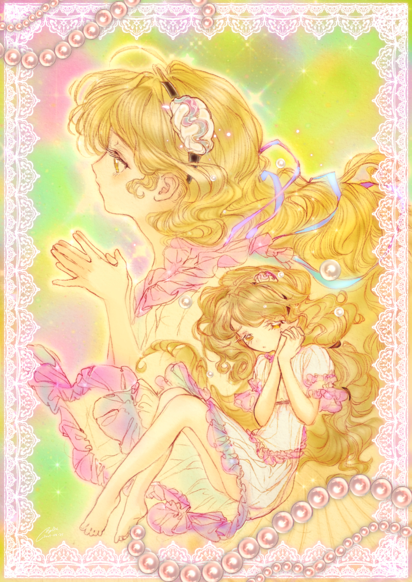 1girl absurdres barefoot black_hairband blonde_hair blush border chinese_commentary colorful_background commentary_request diyouyou dress frilled_dress frills hair_ornament hairband highres knees lace lace_border long_hair multiple_views ornate_border own_hands_clasped own_hands_together palms_together ponytail profile shell shell_hair_ornament short_sleeves sitting solo sparkle string_of_pearls toes touhou watari_nina white_dress yellow_eyes