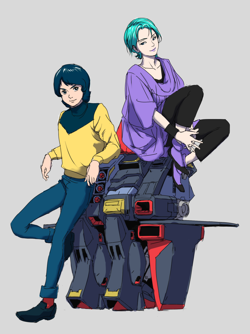 1boy 1girl aqua_hair blue_hair commentary four_murasame grey_background gundam gunpla highres kamille_bidan leaning mecha mobile_armor mobile_suit model_kit psycho_gundam robot science_fiction sitting sketch teikoku_jokyoku toy zeta_gundam
