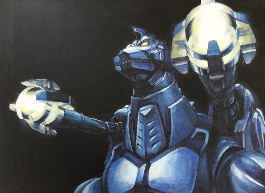 aircraft black_background cannon directed-energy_weapon energy_cannon energy_weapon g.n.a garuda_(godzilla) glowing glowing_eyes godzilla_(series) godzilla_vs._mechagodzilla_ii highres jetpack kaiju maser_cannon mecha mechagodzilla military no_humans robot shoulder_cannon simple_background super_mechagodzilla toho weapon yellow_eyes