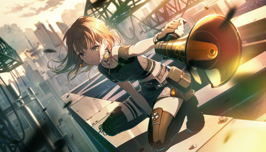 1girl arm_support belt belt_buckle between_legs black_belt black_boots black_choker black_feathers black_gloves black_tank_top black_theme blurry blurry_background boots bracelet braid braided_bangs breasts brown_hair buckle cable choker city cityscape closed_mouth cloud collarbone colorful_palette crop_top crystal_earrings day depth_of_field dot_nose dutch_angle earrings evening eyelashes fanny_pack feathers fingerless_gloves full_body gem gem_(symbol) glaring glint gloves grey_eyes hair_behind_ear hair_between_eyes hanasato_minori hand_between_legs heart_belt_buckle highres holding holding_megaphone jewelry lace-up_boots light_particles limited_palette looking_at_viewer medium_breasts medium_hair megaphone midriff_peek miniskirt motion_blur necklace o-ring o-ring_choker official_alternate_costume official_art on_rooftop orange_gemstone orange_sky orange_theme outdoors outstretched_arm project_sekai puffy_lips rise_and_strive_(project_sekai) rooftop screw sepia serious shadow side_braid sidelighting silver_bracelet silver_earrings silver_necklace silver_trim single_bare_shoulder single_braid single_off_shoulder skirt sky solo spread_legs squatting steel_beam sunlight swept_bangs tank_top tareme tassel thigh_belt thigh_boots thigh_strap thighhighs third-party_source truss v-shaped_eyebrows waist_tassel zettai_ryouiki zipper zipper_pull_tab