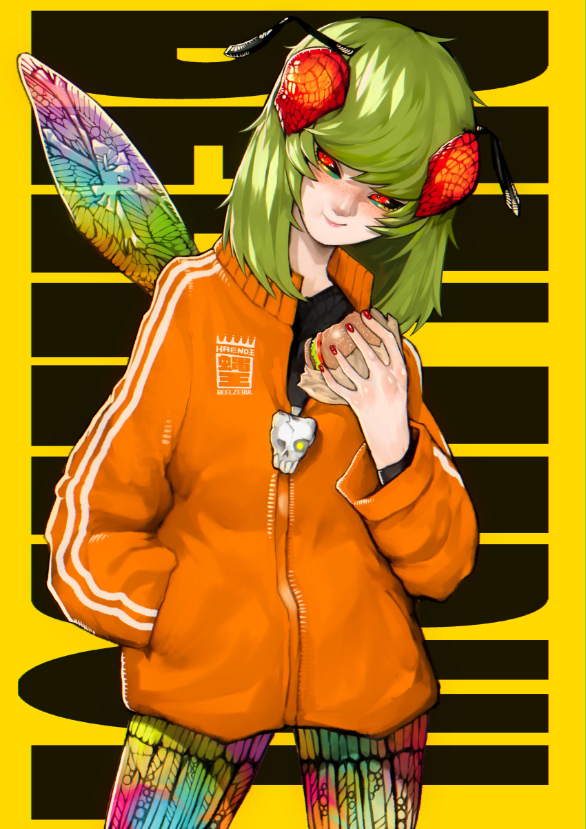 1girl absurdres antennae arthropod_girl beelzebub bite_mark black_sclera burger colored_sclera compound_eyes cowboy_shot eating extra_eyes eyelashes eyeshadow food freckles green_hair hand_in_pocket hand_up highres holding holding_burger holding_food insect_wings jacket long_sleeves looking_at_viewer makeup multicolored_eyeshadow multicolored_pantyhose multicolored_wings nail_polish orange_jacket original rainbow_wings red_eyes red_nails short_hair sideways_glance single_wing skull_ornament smile solo sumosamo text_background track_jacket transparent_wings wings yellow_background zipper