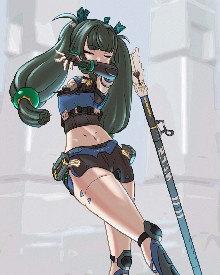 1girl android battery black_gloves black_shorts braid braided_sidelock commentary cowboy_shot fingerless_gloves fingernails gloves green_eyes green_hair green_ribbon hair_ribbon halcyon_(halcyon90) hand_up highres knee_pads long_hair midriff navel one_eye_closed police police_uniform policewoman qingyi_(zenless_zone_zero) ribbon robot_girl shorts side_braids sleeveless solo staff twintails zenless_zone_zero