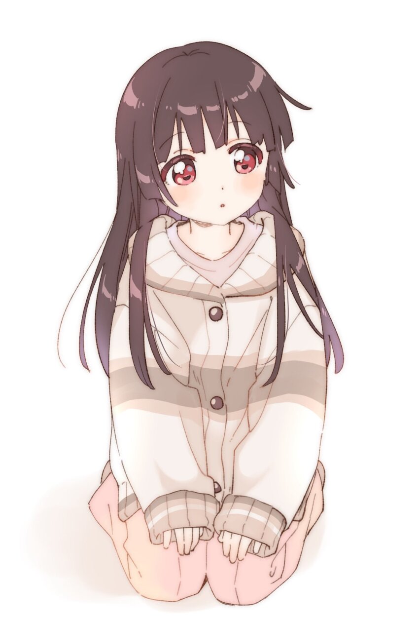 1girl black_hair brown_stripes buttons cardigan collarbone expressionless grey_shirt highres hime_cut hood hooded_cardigan hooded_sweater kneeling long_hair long_sleeves looking_to_the_side matsumoto_rise namori open_mouth pants pink_pants pleated_pants red_eyes shadow shirt simple_background sleeves_past_wrists solo striped_clothes striped_sweater sweater white_background white_sweater yuru_yuri