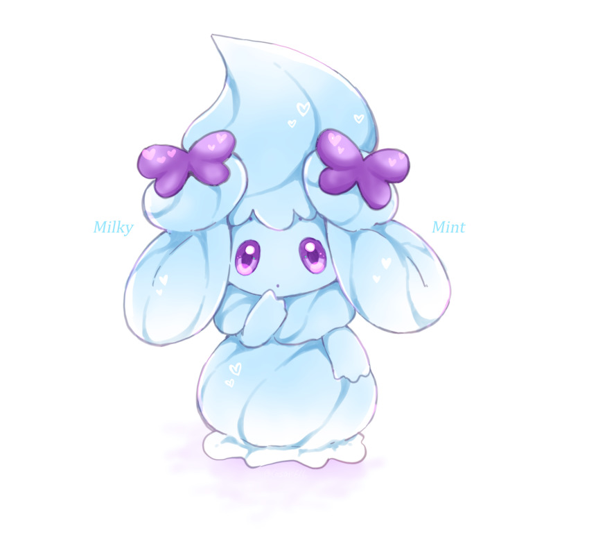 alcremie alcremie_(mint_cream) alcremie_(ribbon_sweet) cesar commentary_request creature english_text full_body gen_8_pokemon highres looking_at_viewer nintendo no_humans pokemon pokemon_(creature) purple_eyes simple_background solo standing white_background