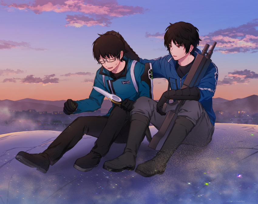 2boys ^_^ black_footwear black_gloves black_hair black_pants black_shirt blue_jacket boots brown_eyes closed_eyes full_body futaba_08_cnmrl glasses gloves grey_pants gun hand_on_another&#039;s_head holding holding_weapon jacket karasuma_kyousuke knees_up long_sleeves male_focus mikumo_osamu mikumo_squad&#039;s_uniform multiple_boys open_mouth outdoors pants shirt shoes short_hair sitting smile twilight weapon world_trigger