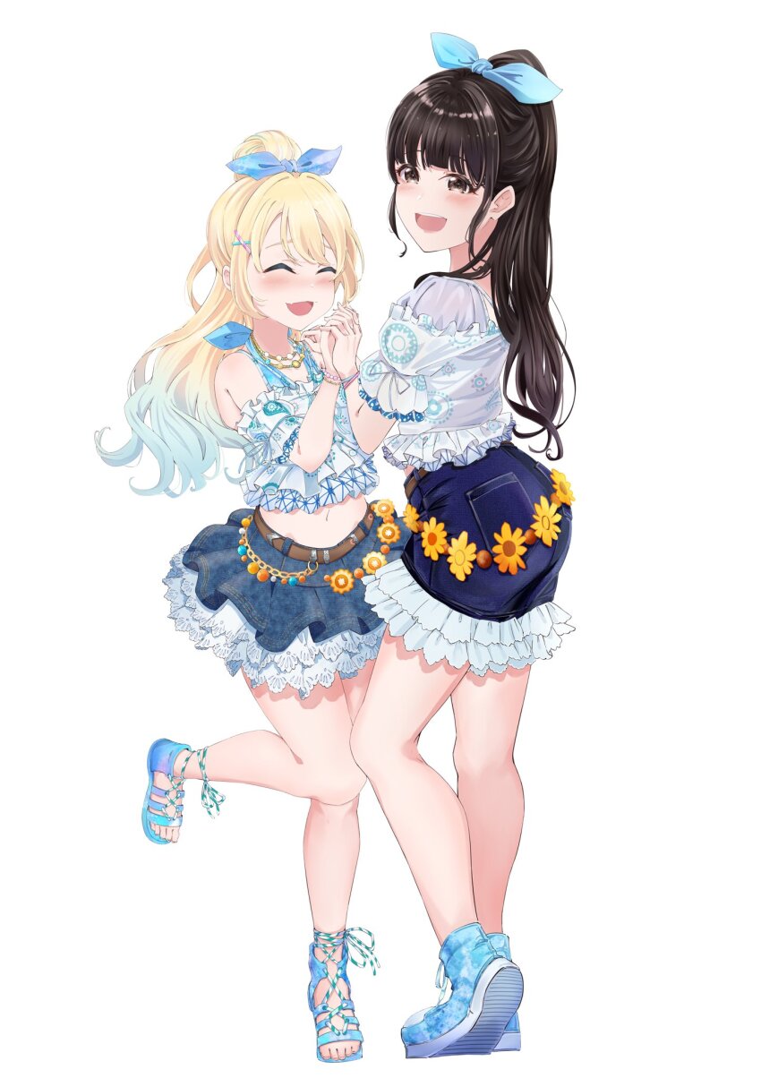 2girls 4th_live_dream_~bloom_the_dream_believers~ :d ^_^ animification bare_shoulders belt black_hair blonde_hair blue_sandals blue_shoes blue_skirt blunt_bangs blush brown_belt closed_eyes commentary_request denim denim_skirt detached_sleeves fang flower_stand_art frilled_shirt frilled_skirt frilled_sleeves frills frontrivers_kae full_body gradient_hair hair_bun half_updo highres kan_kanna leg_up link!_like!_love_live! long_hair love_live! midriff miniskirt multicolored_hair multiple_girls navel open_mouth osawa_rurino ponytail puffy_short_sleeves puffy_sleeves real_life sandals shirt shoes short_sleeves sidelocks single_hair_bun skin_fang skirt sleeveless sleeveless_shirt smile standing streaked_hair teeth toes upper_teeth_only virtual_youtuber voice_actor_connection white_shirt