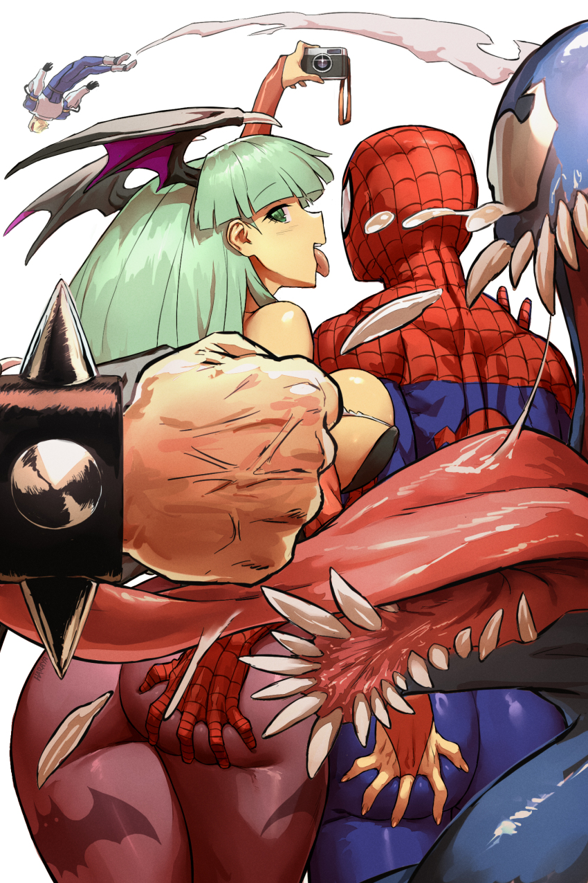 2girls 3boys ass bodysuit bracelet camera capcom captain_commando captain_commando_(character) chun-li cyborg darkstalkers deep_skin fangs green_hair hand_on_another&#039;s_ass haraya_manawari highres jewelry leotard long_hair looking_at_another looking_back marvel marvel_vs._capcom mask morrigan_aensland multiple_boys multiple_girls pantyhose punching silk spider-man spider-man_(series) spider_web spiked_bracelet spikes street_fighter thighs tongue tongue_out venom_(marvel)