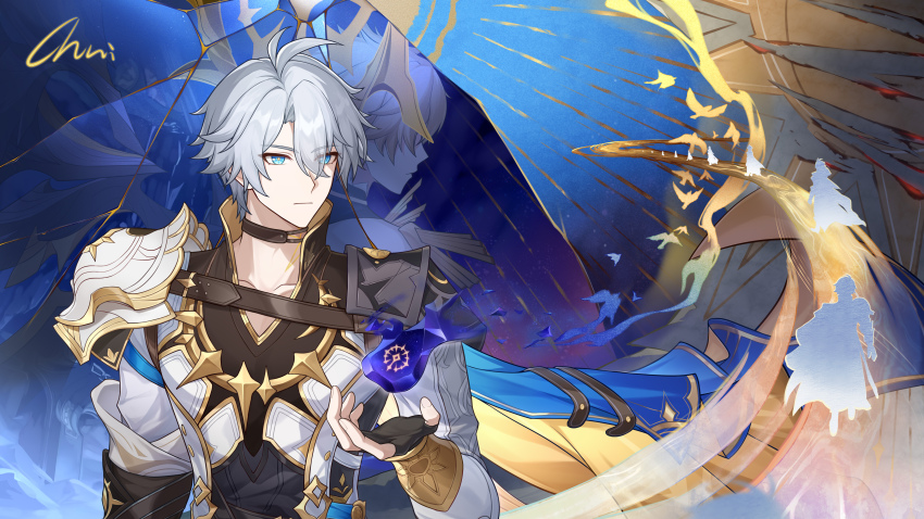 absurdres ahoge armor black_choker blue_eyes choker chuideng gloves hair_between_eyes highres honkai:_star_rail honkai_(series) male_focus phainon_(honkai:_star_rail) short_hair shoulder_armor side_cape tattoo white_hair wings