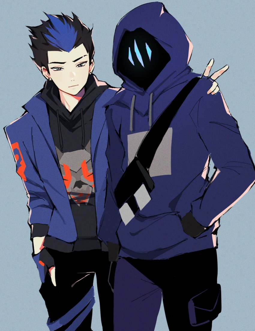 2boys animification black_hair black_hoodie blue_background blue_gloves blue_hair blue_hoodie blue_jacket blue_pants eyebrow_cut fanny_pack fingerless_gloves gloves hair_behind_ear hand_in_pocket hand_on_another&#039;s_shoulder hand_on_own_hip highres hood hood_up hoodie hyoon_(sockgyu) jacket male_focus mask multicolored_hair multiple_boys omen_(valorant) pants two-tone_hair v valorant yoru_(valorant)