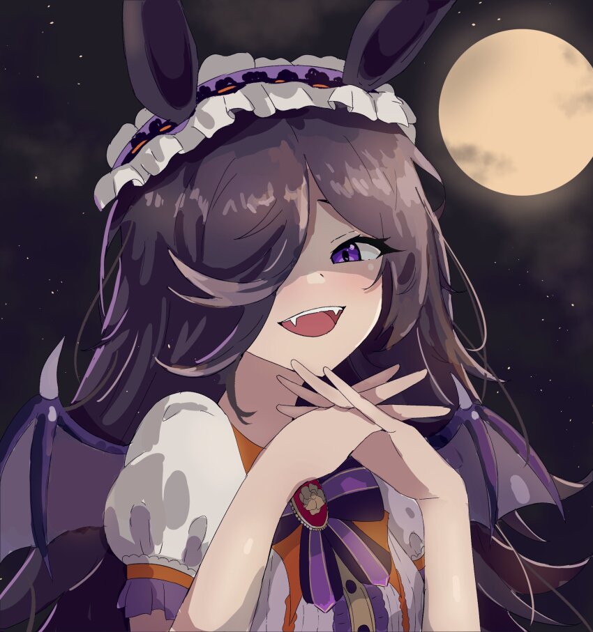 1girl animal_ears bat_wings blush bow brown_hair ddrawins fangs flipped_hair frilled_hairband frills full_moon hair_over_one_eye hairband halloween halloween_costume highres horse_ears horse_girl interlocked_fingers long_hair looking_at_viewer moon night night_sky official_alternate_costume open_mouth puffy_sleeves purple_eyes purple_wings rice_shower_(make_up_vampire!)_(umamusume) rice_shower_(umamusume) shirt short_sleeves sky smile solo teeth umamusume upper_body upper_teeth_only white_shirt wings