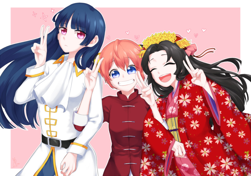 3girls ascot bad_id bad_pixiv_id belt black_hair blue_eyes blunt_bangs bun_cover chinese_clothes chyoling closed_eyes double_bun double_v gintama grin hair_between_eyes hair_bun hair_ornament hand_gesture haori hime_cut holding_another&#039;s_arm imai_nobume japanese_clothes kagura_(gintama) kimono long_hair long_sleeves multiple_girls open_mouth orange_hair purple_eyes short_hair simple_background smile tokugawa_soyo uniform v wide_sleeves