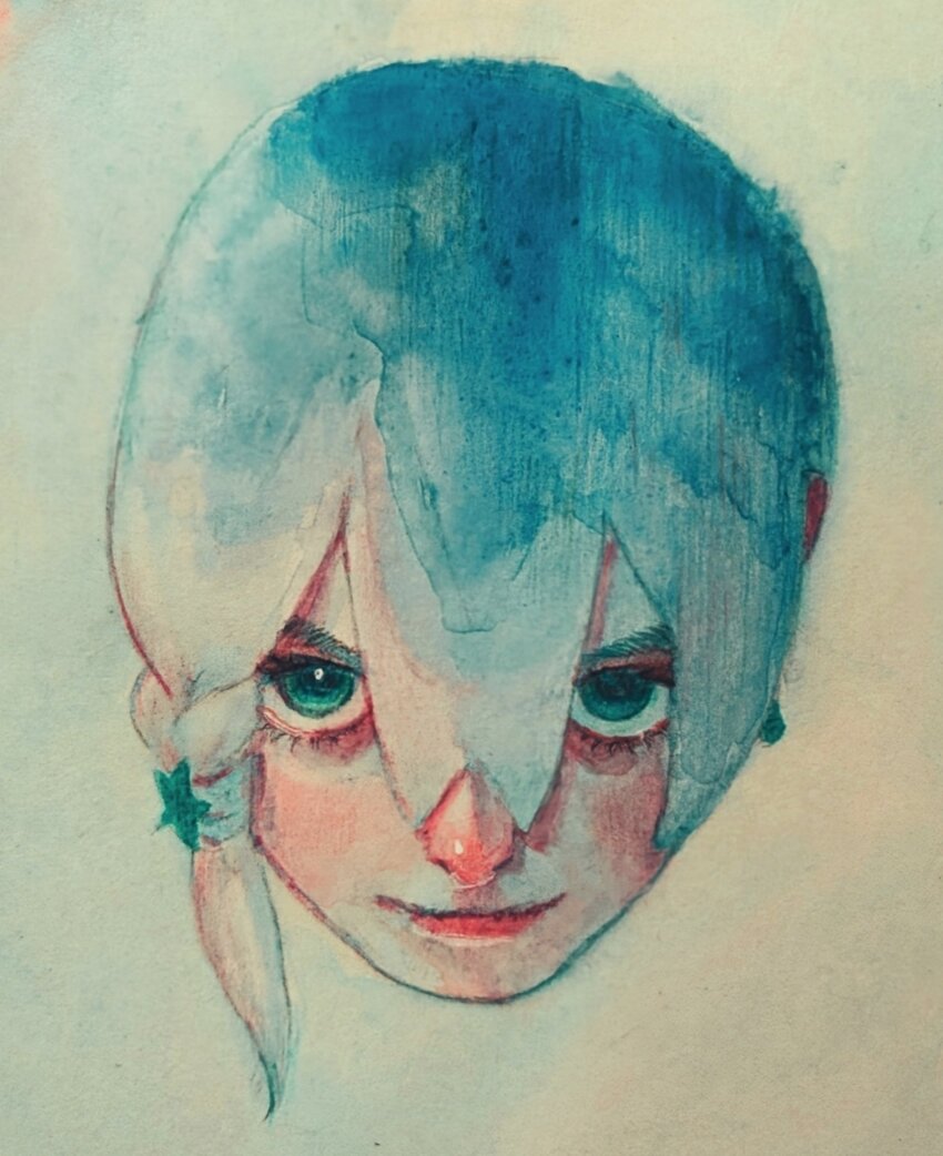 1boy blue_hair braid closed_mouth commentary_request cropped_head green_eyes grey_hair hair_between_eyes hair_ornament highres jodio_joestar jojo_no_kimyou_na_bouken long_bangs looking_at_viewer multicolored_hair painting_(medium) portrait short_hair side_braid solo star_(symbol) star_hair_ornament the_jojolands traditional_media two-tone_hair umasandaa watercolor_(medium)