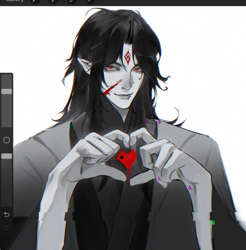 1boy art_program_in_frame blood blood_on_face chinese_clothes closed_mouth commentary english_commentary facial_mark forehead_mark glitch hanfu heart heart_hands highres kezo_pana long_sleeves looking_at_viewer luo_binghe male_focus pointy_ears red_eyes renzha_fanpai_zijiu_xitong simple_background smile solo upper_body wide_sleeves zuiyin