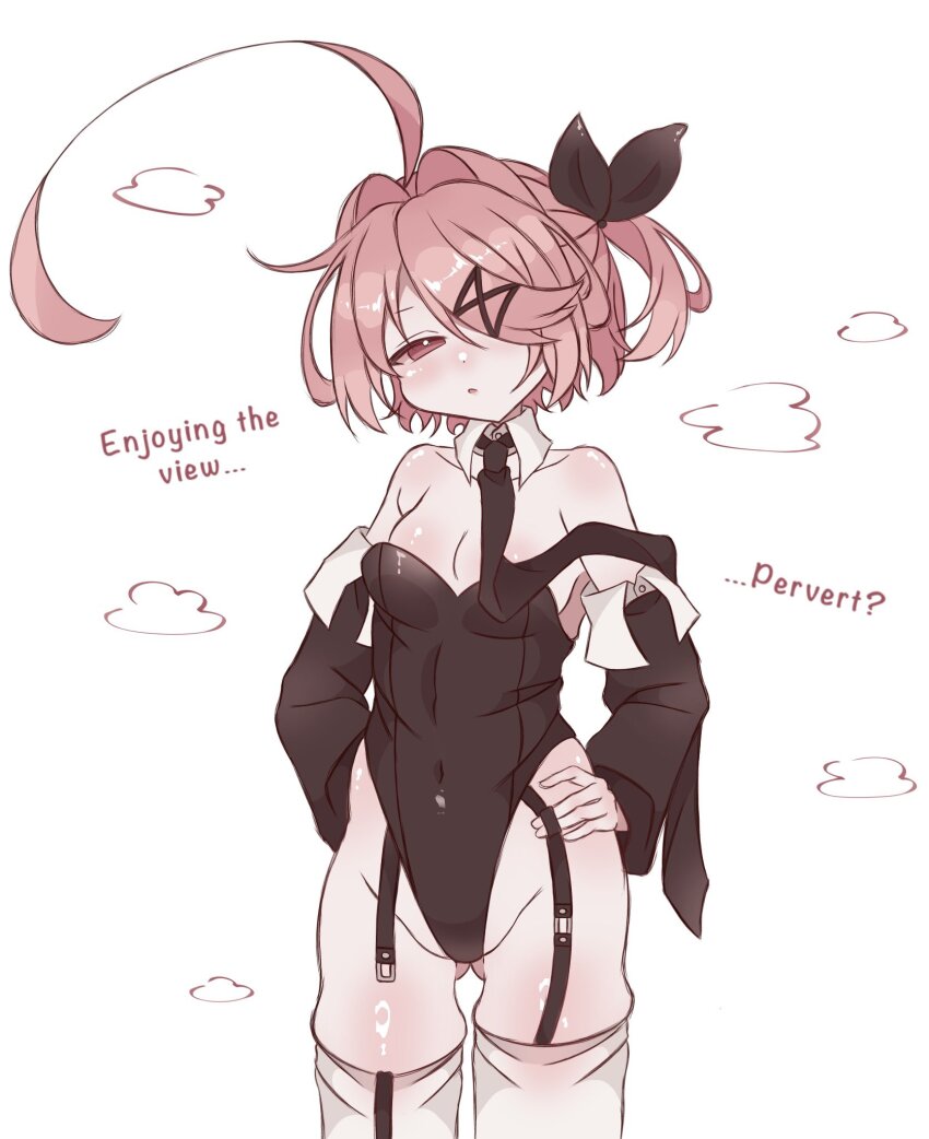 ahoge arm_behind_back armpit_crease black_leotard black_necktie breasts detached_collar detached_sleeves doki_doki_literature_club garter_belt garter_straps gluteal_fold hair_ornament hair_over_one_eye hand_on_own_hip head_tilt highleg highleg_leotard highres leotard looking_at_viewer natsuki_(doki_doki_literature_club) navel necktie open_mouth pink_hair playboy_bunny short_hair skindentation small_breasts steam strapless strapless_leotard thighhighs why_zep