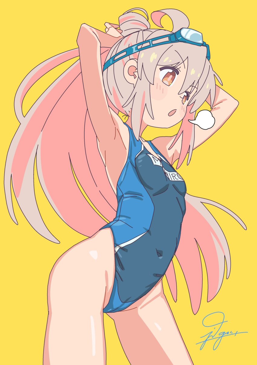 1girl ahoge ass blush breasts cleavage competition_swimsuit covered_navel goggles goggles_on_head hair_between_eyes highres jdge long_hair navel one-piece_swimsuit onii-chan_wa_oshimai! oyama_mahiro pink_hair ponytail small_breasts solo swimsuit thighs tying_hair