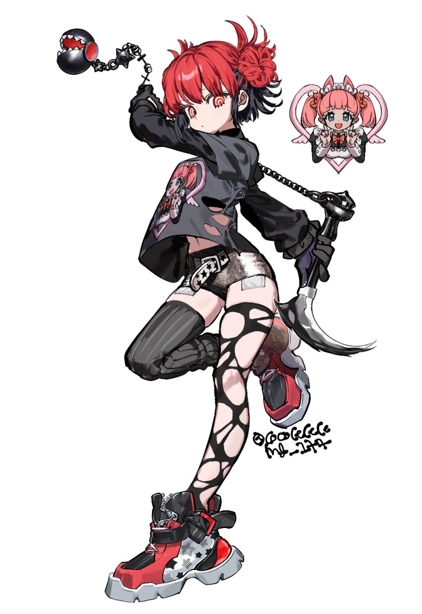 2girls asymmetrical_legwear black_gloves black_shirt black_thighhighs gloves mismatched_legwear multiple_girls original py_(cococecece) red_hair ringed_eyes scythe shirt shorts simple_background solo_focus thighhighs torn_clothes torn_thighhighs white_background