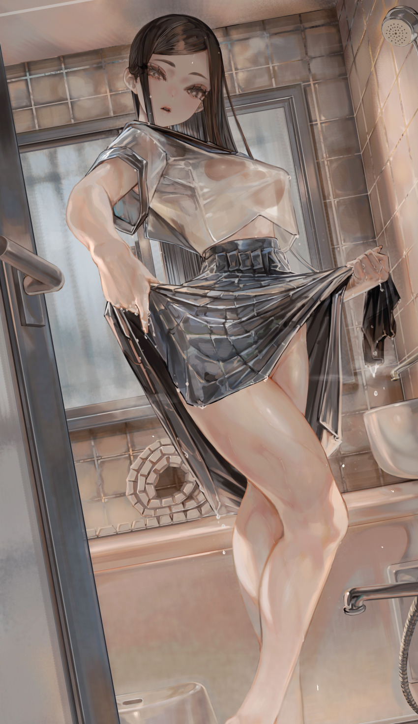 1girl absurdres bathroom bathtub breasts brown_hair commentary_request grey_eyes groin highres large_breasts long_hair looking_at_viewer no_bra no_panties open_mouth original school_uniform see-through_clothes see-through_silhouette shirt short_sleeves skirt skirt_hold soleil_(soleilmtfbwy03) standing swept_bangs thighs tile_wall tiles water_drop wet wet_clothes wet_shirt wet_skirt