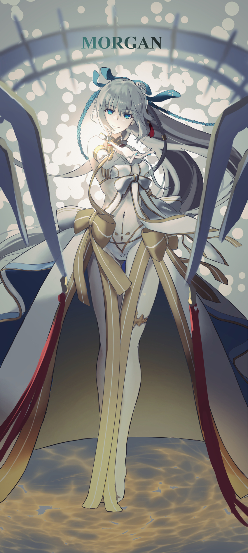 1girl absurdres blue_eyes bow braid character_name fate/grand_order fate_(series) full_body grey_hair hair_between_eyes hair_bow highres kamome_umitsuki long_hair looking_at_viewer morgan_le_fay_(fate) morgan_le_fay_(water_princess)_(fate) ponytail smile solo standing stomach_tattoo swimsuit tattoo very_long_hair