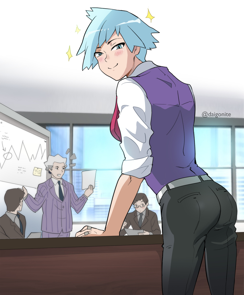 4boys belt black_necktie black_pants blush buttons closed_mouth collared_shirt commentary goro_orb grey_belt highres holding holding_paper indoors jacket joseph_stone looking_at_viewer male_focus multiple_boys necktie nintendo notice_lines pants paper pokemon pokemon_oras purple_vest salaryman shirt short_hair smile sparkle steven_stone twitter_username vest watermark white_shirt
