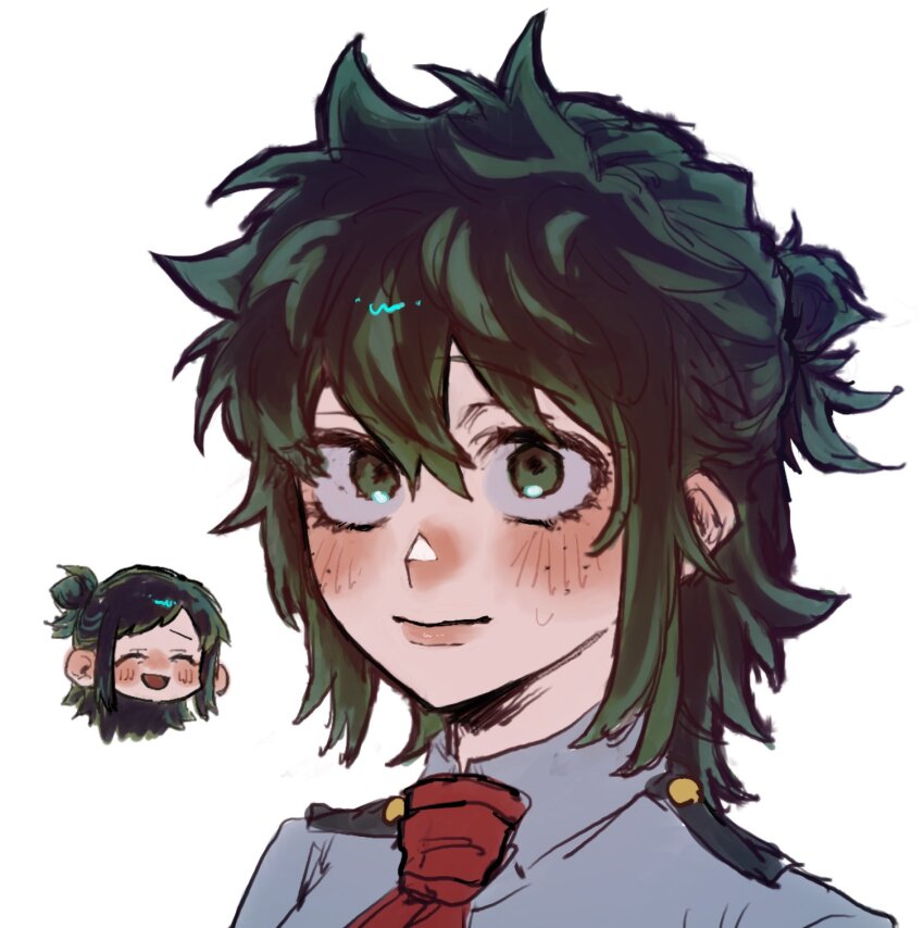2girls blush boku_no_hero_academia borrowed_hairstyle chibi chibi_inset closed_eyes commentary_request eyelashes freckles genderswap genderswap_(mtf) green_eyes green_hair grey_shirt hair_between_eyes hair_bun highres looking_at_viewer medium_hair midoriya_inko midoriya_izuku mother_and_daughter multiple_girls necktie nose open_mouth portrait red_necktie school_uniform shirt sidelocks single_hair_bun sweatdrop swept_bangs tamagotoji_hrak u.a._school_uniform white_background