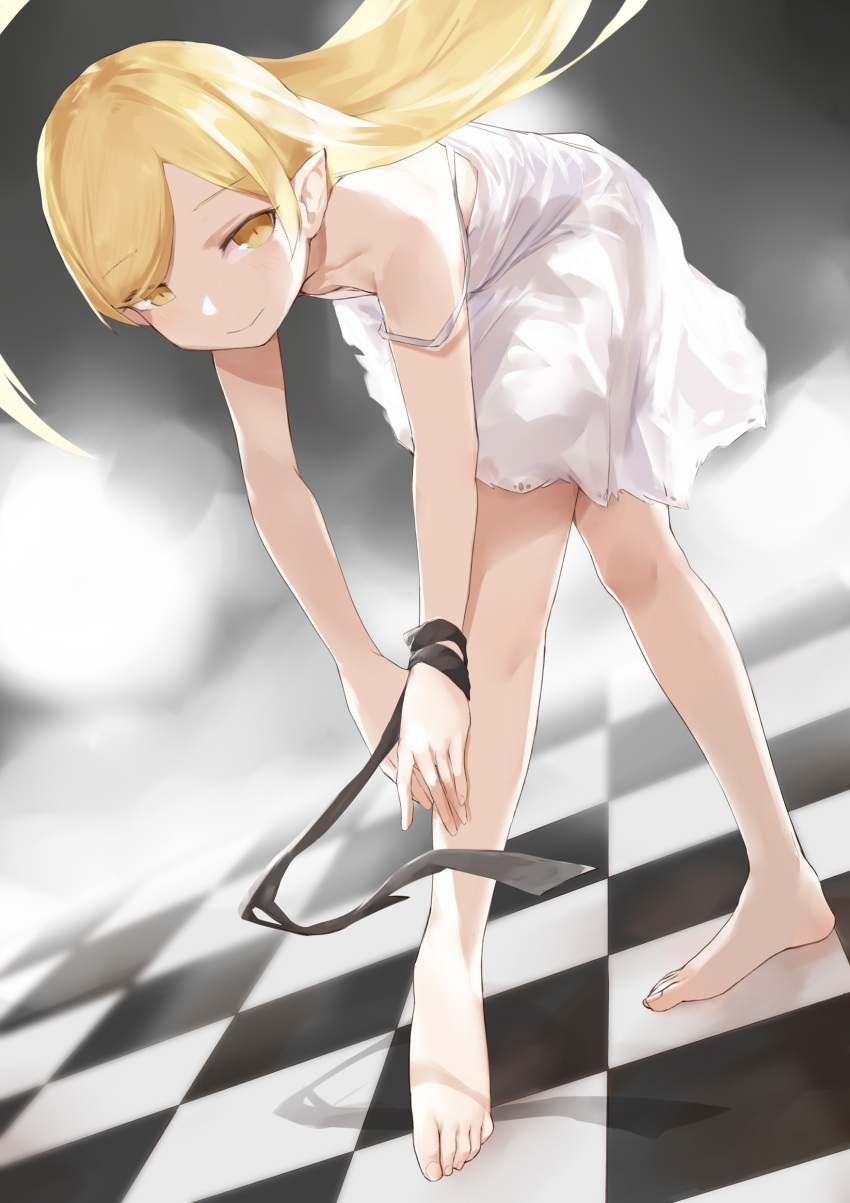 1girl absurdres bare_shoulders barefoot bent_over black_bow blonde_hair blush bow breasts highres kizumonogatari looking_at_viewer monogatari_(series) oshin0_(zheng) oshino_shinobu pointy_ears small_breasts smile solo spaghetti_strap strap_slip vampire yellow_eyes