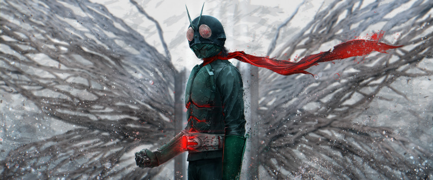 1boy absurdres antennae armor belt bug compound_eyes gloves glowing grasshopper green_armor green_gloves green_helmet helmet highres insect kamen_rider kamen_rider_1 kamen_rider_1_(shin) kozsen_810290 male_focus red_eyes red_scarf rider_belt scarf shin_kamen_rider solo tokusatsu upper_body