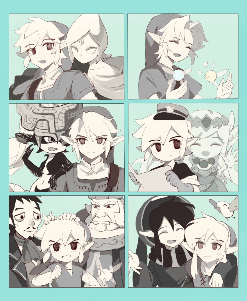 beard bird daphnes_nohansen_hyrule facial_hair fairy fi_(zelda) forehead_jewel goatee hand_on_another&#039;s_head hat highres linebeck link midna mmmaki_0 monochrome multiple_persona navi nintendo pointy_ears princess_zelda ravio spirit tatl the_legend_of_zelda the_legend_of_zelda:_a_link_between_worlds the_legend_of_zelda:_majora&#039;s_mask the_legend_of_zelda:_ocarina_of_time the_legend_of_zelda:_phantom_hourglass the_legend_of_zelda:_skyward_sword the_legend_of_zelda:_spirit_tracks the_legend_of_zelda:_the_wind_waker the_legend_of_zelda:_twilight_princess tiara toon_link toon_zelda upper_body young_link