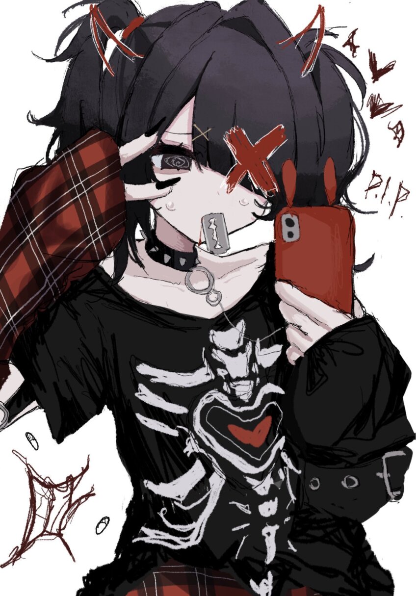 1girl @_@ ame-chan_(emo)_(needy_girl_overdose) ame-chan_(needy_girl_overdose) arm_warmers belt black_choker black_hair black_nails black_shirt blood blood_from_mouth choker drawn_horns drawn_wings hair_ornament hair_over_one_eye hair_tie heart highres holding holding_phone long_sleeves looking_at_object needy_girl_overdose phone pill plaid_clothes plaid_skirt razor_blade red_x shirt short_twintails skeleton_print skirt solo sweatdrop twintails upper_body uxvqx v weapon_in_mouth white_background x_hair_ornament