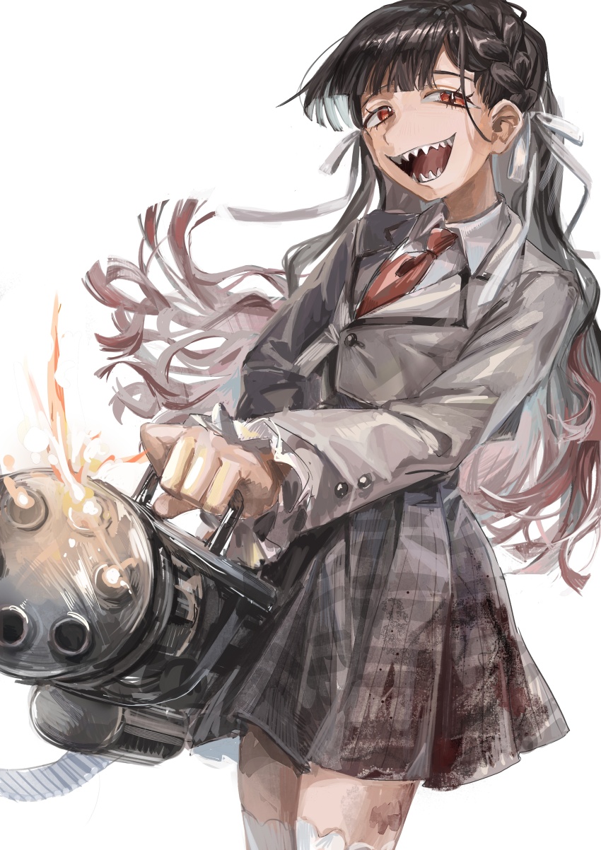 1girl :d absurdres baio_rin black_hair blood blood_on_clothes blood_on_leg blunt_bangs brown_hair collared_shirt cowboy_shot cropped_jacket firing floating_hair foreshortening frilled_sleeves frills gatling_gun gradient_hair grey_jacket grey_skirt gun hair_ribbon highres holding holding_gun holding_weapon jacket kimi_no_koto_ga_dai_dai_dai_dai_daisuki_na_100-nin_no_kanojo long_sleeves looking_at_viewer miniskirt multicolored_hair necktie ohananomitsu_middle_school_uniform open_mouth plaid_clothes plaid_skirt red_eyes red_necktie ribbon school_uniform sharp_teeth shirt simple_background skirt smile solo teeth thighhighs wavy_hair weapon white_background white_ribbon white_shirt white_thighhighs yasan_2