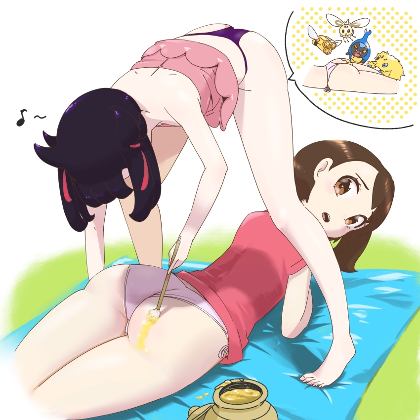 2girls :o absurdres ass barefoot bent_over brown_eyes brown_hair brushing clothes_lift combee commentary commentary_request cutiefly dress dress_lift english_commentary gen_4_pokemon gen_5_pokemon gen_7_pokemon gloria_(pokemon) highres holding holding_brush honey honeypot joltik karrablast looking_back lying marnie_(pokemon) microsd_(pibo) mixed-language_commentary multiple_girls musical_note nintendo no_pants on_stomach open_mouth panties pink_dress pink_panties pink_shirt pokemon pokemon_(creature) pokemon_swsh purple_panties shirt short_hair speech_bubble spoken_character spoken_musical_note twintails underwear