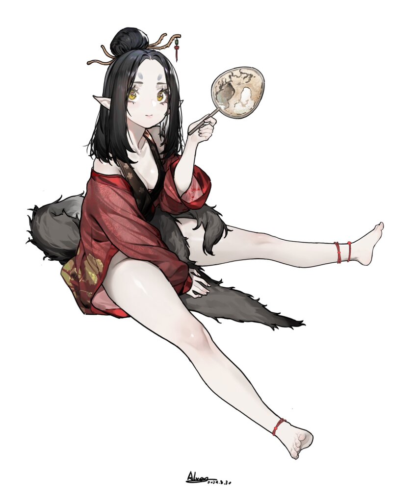 1girl alver ankle_rope artist_name barefoot black_hair black_myth:_wukong breasts chinese_clothes cleavage closed_mouth commentary_request dated facial_tattoo fox_girl fox_tail full_body hair_ornament hand_fan highres holding holding_fan looking_at_viewer medium_hair pingping_(black_myth:_wukong) pointy_ears red_rope rope signature simple_background solo string_around_ankle tail tattoo tuanshan white_background yellow_eyes