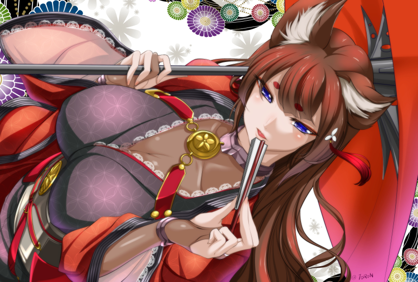 1girl absurdres amagi_(azur_lane) animal_ears azur_lane blunt_bangs blush breasts bridal_gauntlets brown_gloves brown_hair choker cleavage coat collarbone commentary_request eyes_visible_through_hair female_focus folding_fan fox_ears gloves hair_ornament half-closed_eyes hand_fan highres holding holding_fan holding_umbrella japanese_clothes kimono large_breasts lips long_hair long_sleeves looking_at_viewer obi oil-paper_umbrella open_mouth purple_eyes purple_kimono red_coat sash short_eyebrows solo thick_eyebrows toron_(mino106) umbrella wide_sleeves