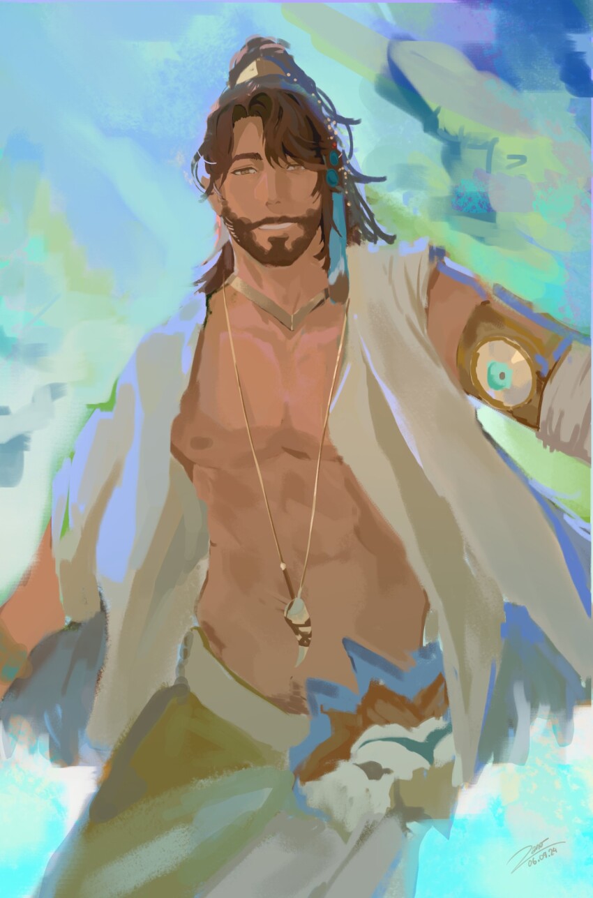 1boy abs animal animal_on_shoulder bara beard biceps bird brown_hair commentary dark-skinned_male dark_skin dated english_commentary facial_hair feather_hair_ornament feathers grin hair_ornament highres indian jewelry looking_at_viewer male_focus mask mechanical_arms navel necklace nipples pants pectorals reverse:1999 shamane shin_0z shirt signature single_mechanical_arm smile topless_male white_pants white_shirt