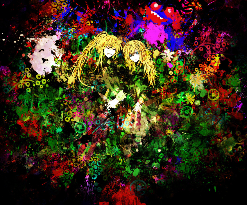 2girls :d ^_^ blonde_hair closed_eyes crossover doll happy highres ib_(kouri) knife mary_(ib) multiple_girls open_mouth poniko ruuya_higashino smile uboa yume_nikki
