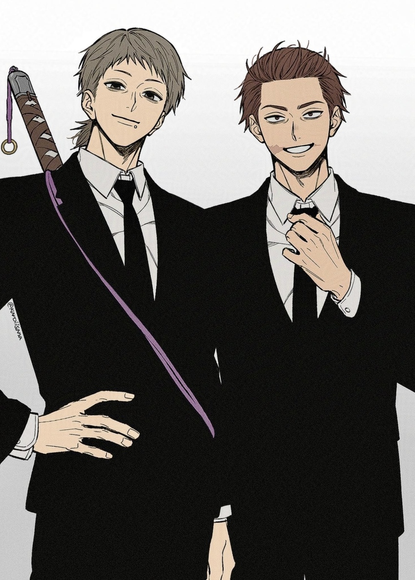 2boys chainsaw_man colorized division_2_lieutenant_(chainsaw_man) face_piercing highres kuroiisana lip_piercing male_focus multiple_boys necktie nomo_(chainsaw_man) piercing scar scar_on_face scar_on_mouth smile sword tuxedo weapon