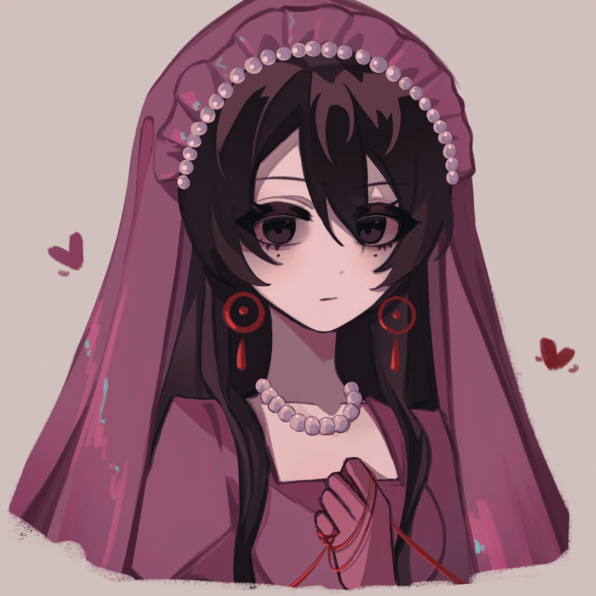 1girl baixiangmofashi black_hair bridal_veil bride chinese_commentary closed_mouth commentary_request dress earrings empty_eyes expressionless gloves grey_background hair_between_eyes heart highres jewelry li_yuting_(female) long_hair mole mole_under_each_eye mole_under_eye multiple_moles necklace pearl_necklace pink_gloves pink_shirt pink_veil shirt sidelocks simple_background solo string string_of_fate touqi_guaitan veil wedding_dress